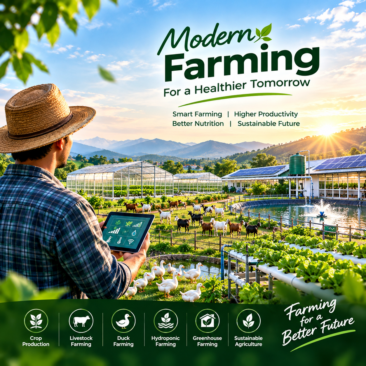 Modern agricultural field and farm landscape